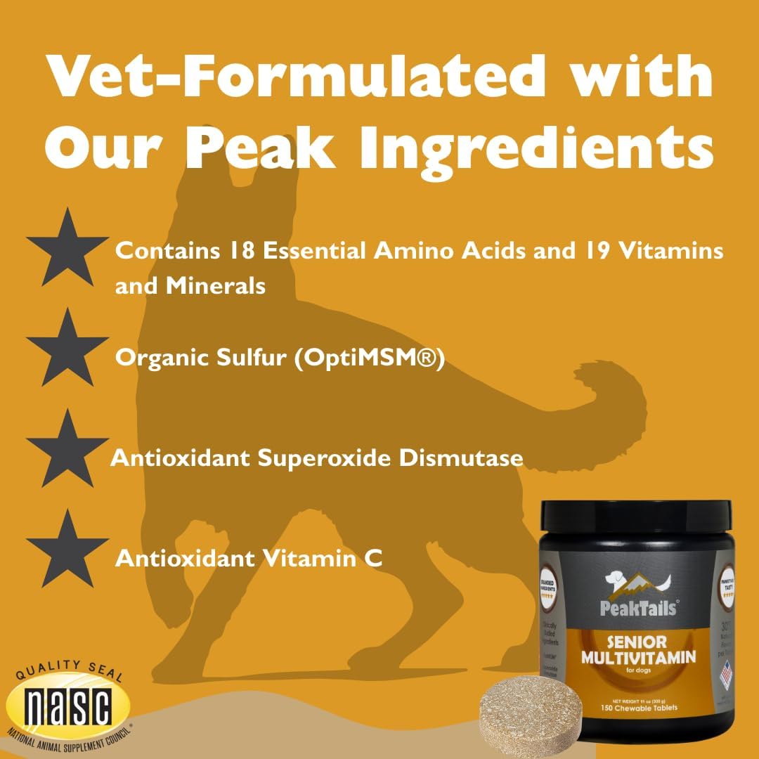 Multivitamínico Senior para Perros – 150 Comprimidos con MSM, SOD, Vitamina C y 19 Nutrientes Esenciales – Apoya la Salud Articular y el Bienestar General