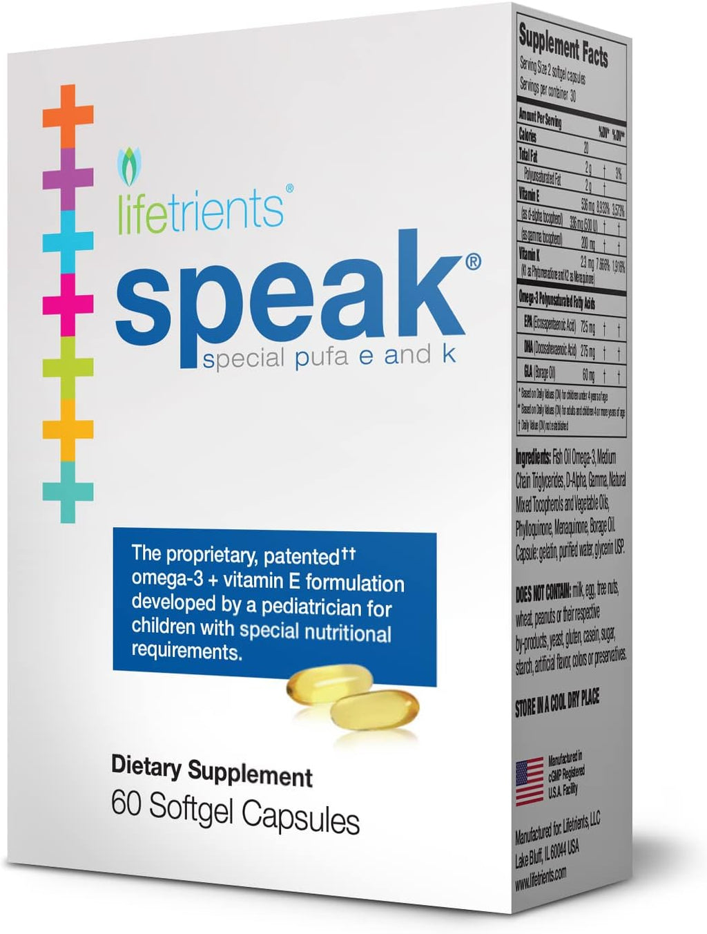 Lifetrients Speak Omega-3 para niños con GLA, vitaminas E y K – 60 cápsulas