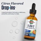KAL D3 K2 DropIns 125/500 mcg - Suplemento Líquido de Vitamina D3 y K2 - Sabor Cítrico Natural - 59 ml