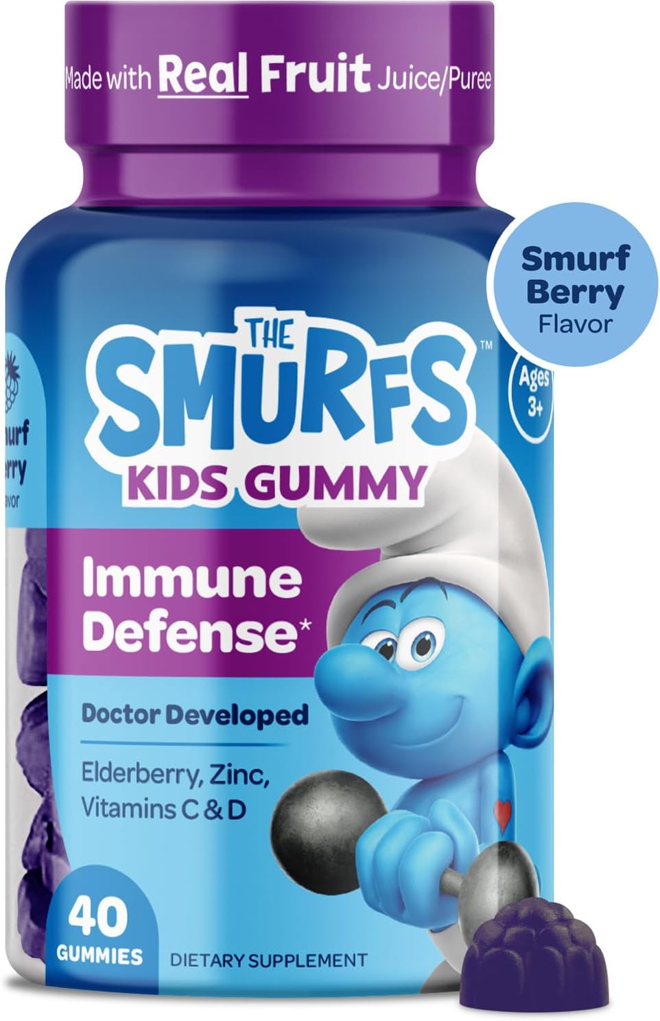 Gomitas de Apoyo Inmunológico Smurfs para Niños con Saúco, Vitamina C y Zinc - 40 uds