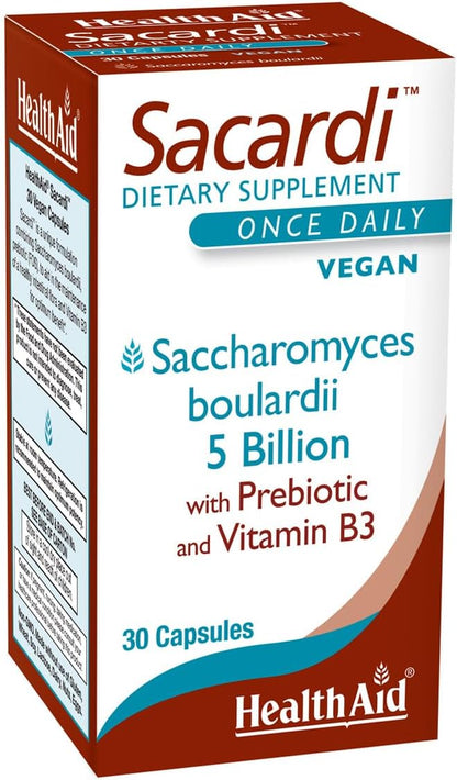 Sacardi Saccharomyces Boulardii – Once-Daily with Vitamin B3 & FOS | 5 Billion CFU | 30 Vegan Tablets | Dairy-Free & – Image 1