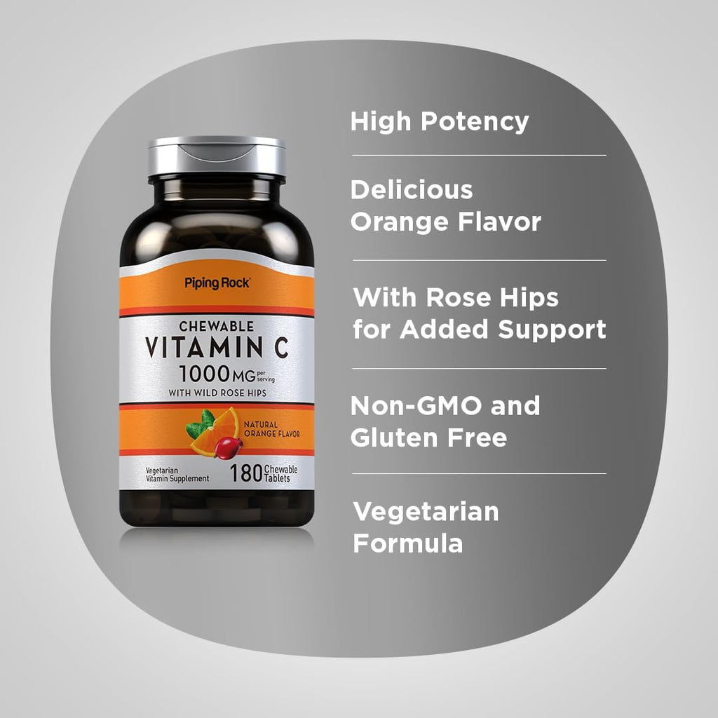 Piping Rock Vitamina C 1000mg Comprimidos Masticables con Rosa Mosqueta, Sabor Naranja, 180 Unidades