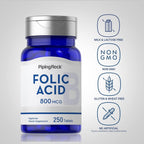 Piping Rock Ácido Fólico 800 mcg – 250 Comprimidos – Complemento Alimenticio para Mujeres y Hombres – Alta Potencia – Vegetariano, Sin Gluten