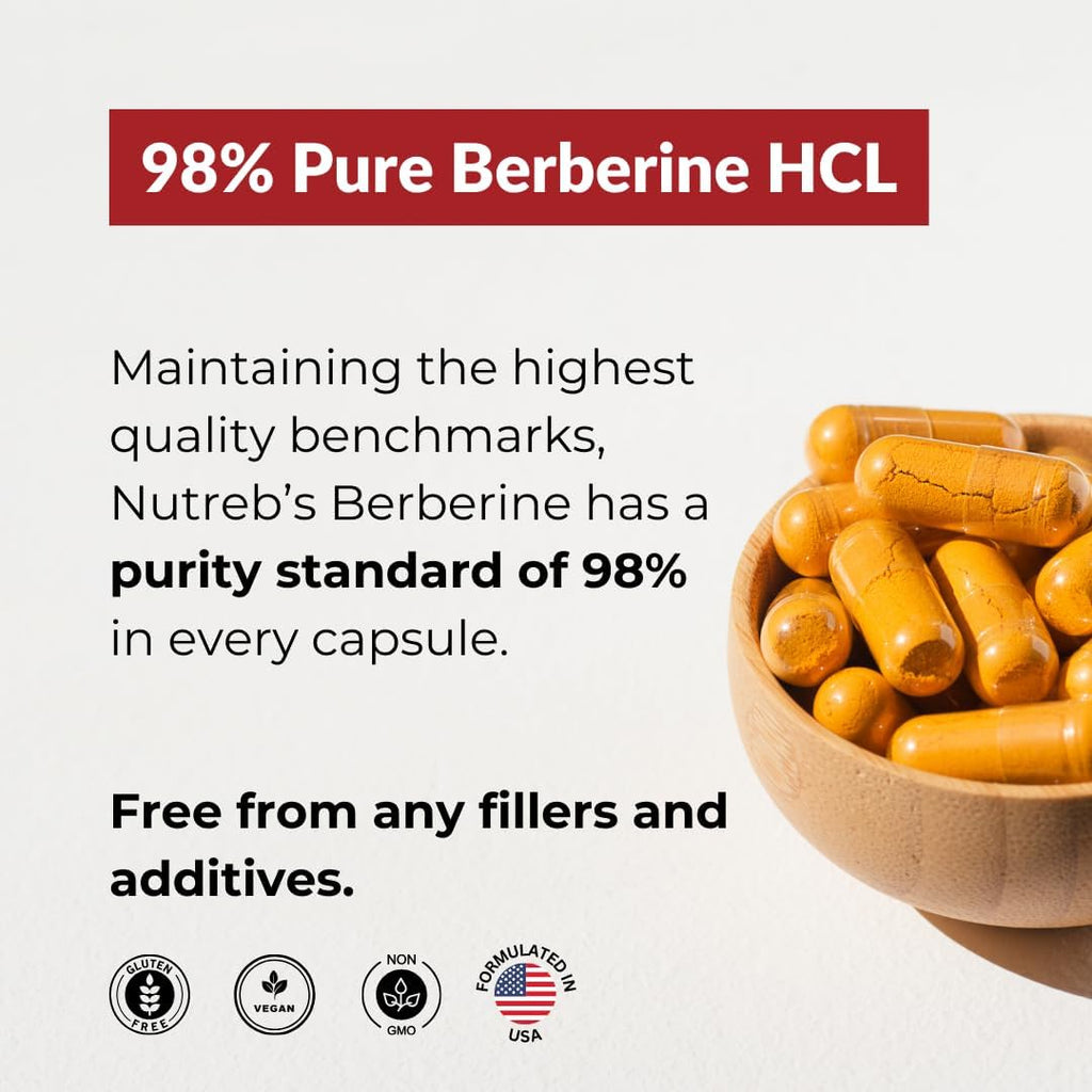 Suplemento de Berberina 1200 mg - 5x Mayor Absorción con BioPerine - Berberina HCL Ultra Pura 98% - 60 Cápsulas Veganas