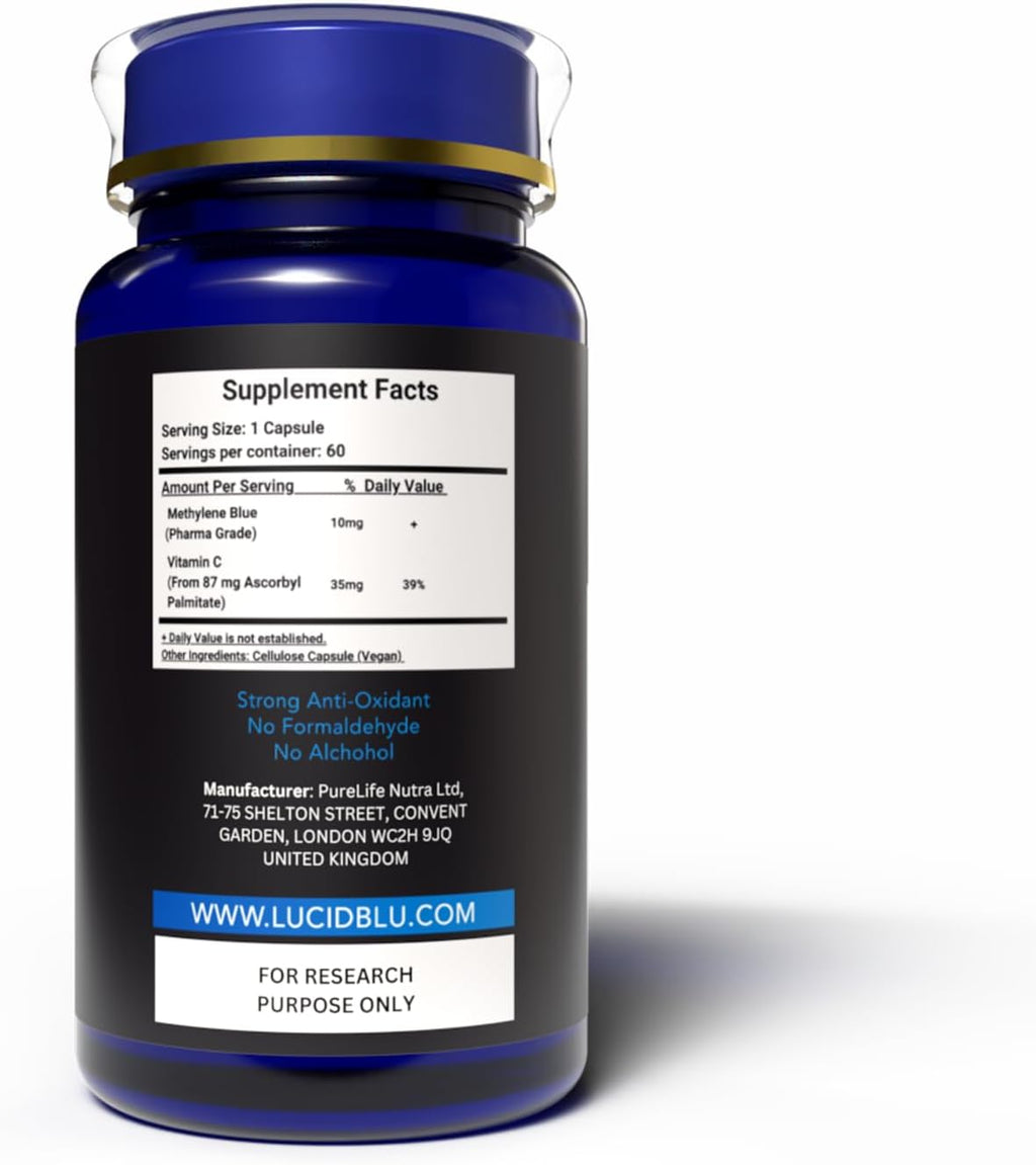 Lucid Blu Cápsulas de Azul de Metileno 10mg con Vitamina C - 99,99% Pureza USP