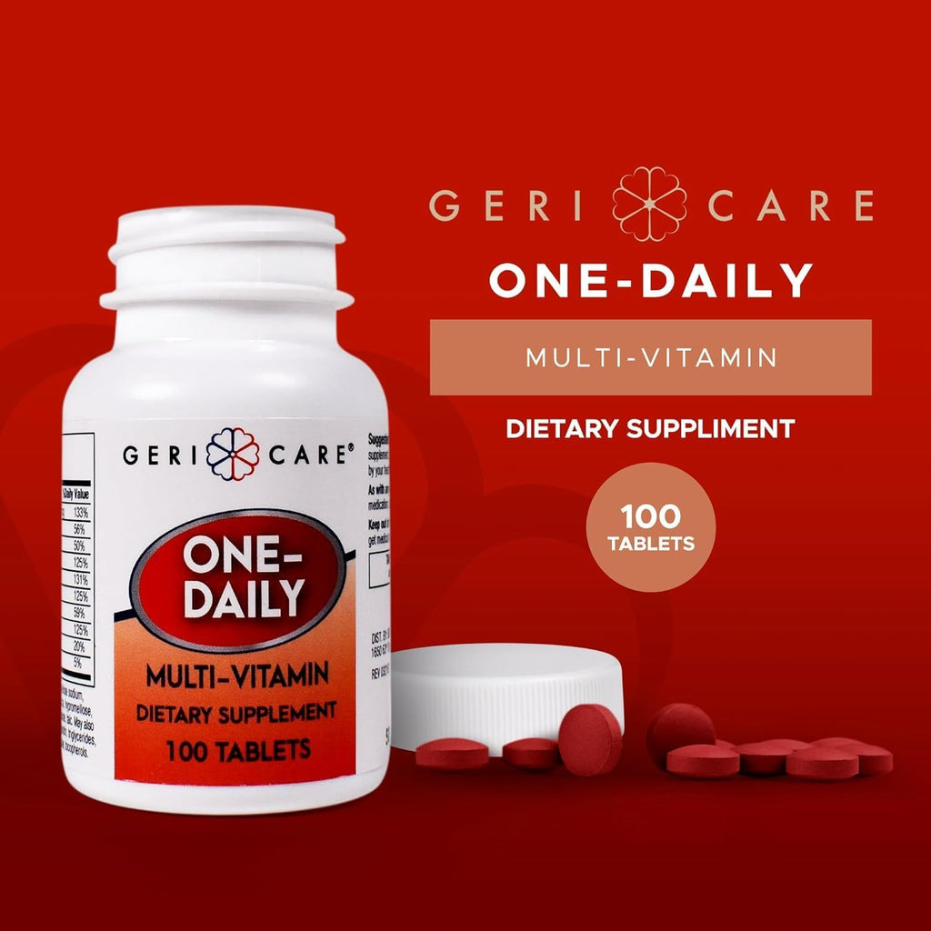GeriCare One-Daily Multi-Vitamina Tableta, 100 unidades Suplemento multivitamínico para adultos | Suplemento dietético fácil de tomar con vitaminas A, C, D3, B, calcio | Complejo de vitaminas y minerales (paquete de 2)