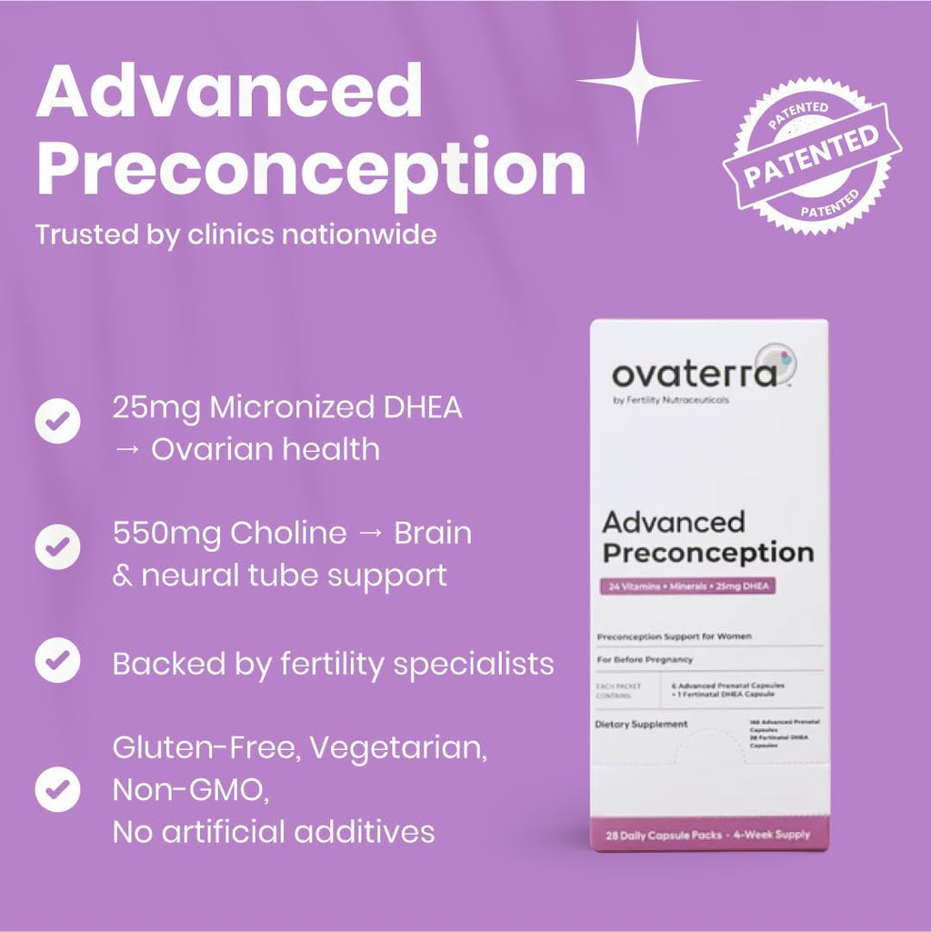 Ovaterra Advanced Preconception Vitamins con DHEA 25mg, Colina 550mg, Folato (Metilfolato) 1010mcg, Omega-3 DHA y EPA - 196 Cápsulas (Suministro para 28 Días)