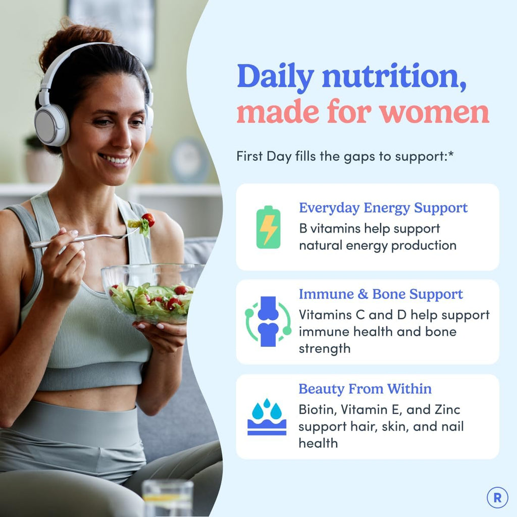 FIRST DAY Women's Multivitamin Gummies – Multivitamínico diario con superalimentos orgánicos, folato metilado, zinc y biotina – Vegano, 120 gominolas