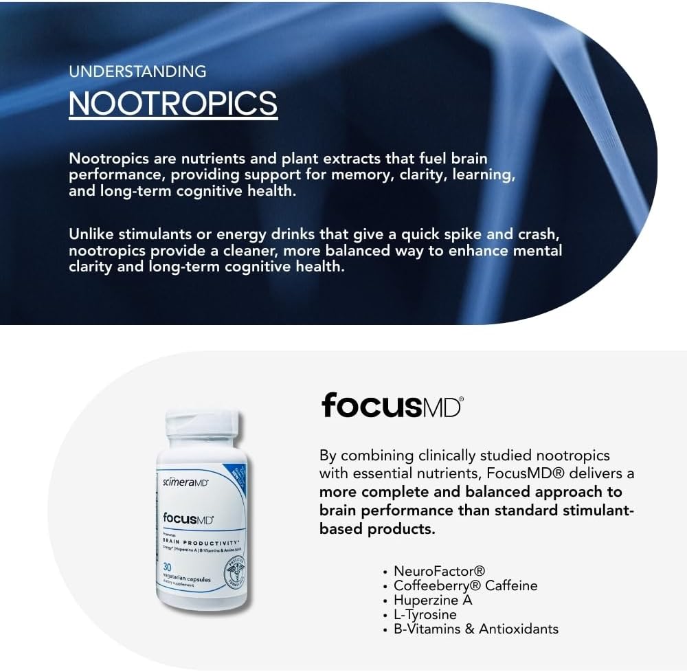ScimeraMD® FocusMD Complemento para el Cerebro con Coffeeberry Orgánico Nootrópico, Huperzina A para Memoria, Concentración y Energía, 30 Cápsulas
