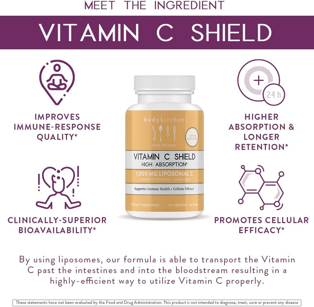 Body Kitchen Liposomal Vitamin C Shield, 1000mg PureWay-C, Alta Absorción, Cápsulas Vegetales, 60 Unidades