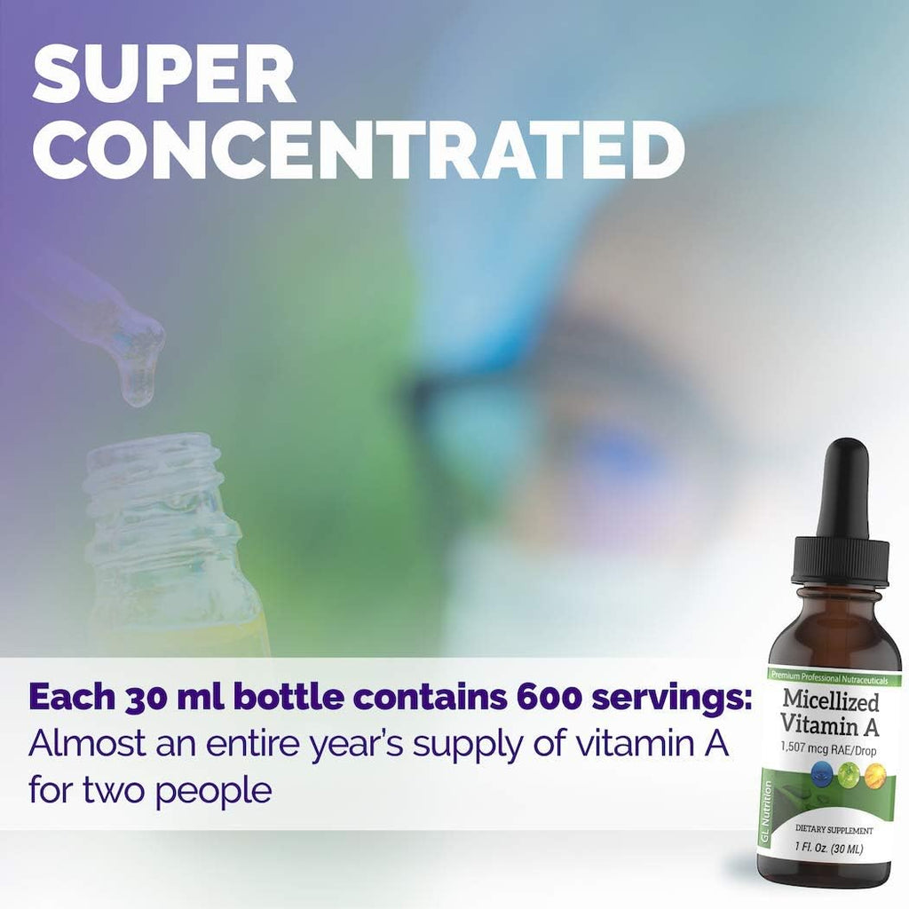Micellized Vitamin A Drops - Liquid Supplement with Palmitate and Beta-Carotene - 1507 mcg RAE (5025 IU) per drop - 30 ml