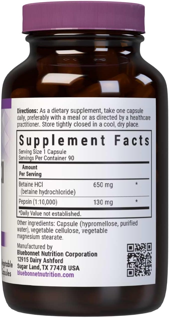 BlueBonnet Betaina HCl con Pepsina – 90 Cápsulas Vegetales