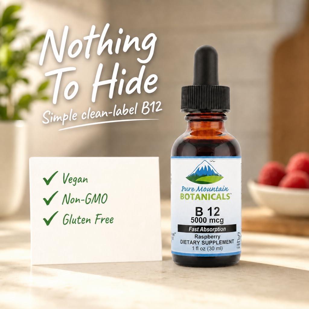 Pure Mountain Botanicals Vitamina B12 5000 mcg Gotas Líquidas – Sabor Natural a Bayas – 30 Dosis