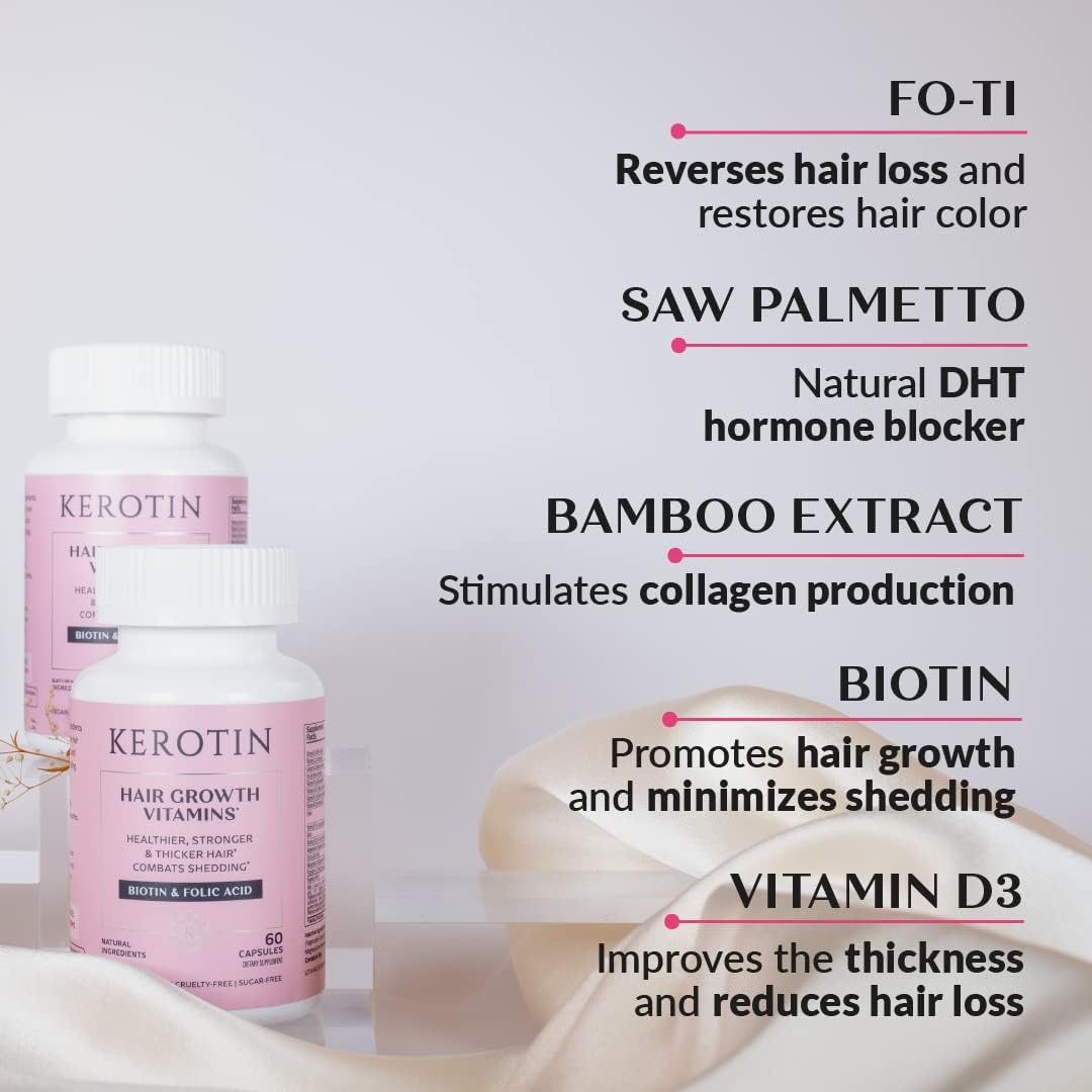 Kerotin Vitaminas para el Cabello con Biotina, Saw Palmetto y Vitamina D3 - 60 Cápsulas