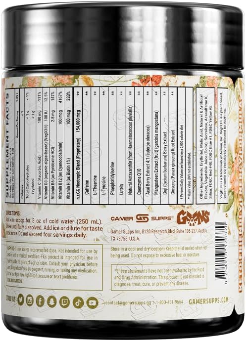 Gamer Supps GG Energy - Grandma's Ashes (100 Servicios) - Mezcla de energía y nootrópicos para gaming, baja en calorías, sin azúcar, con cafeína y vitaminas