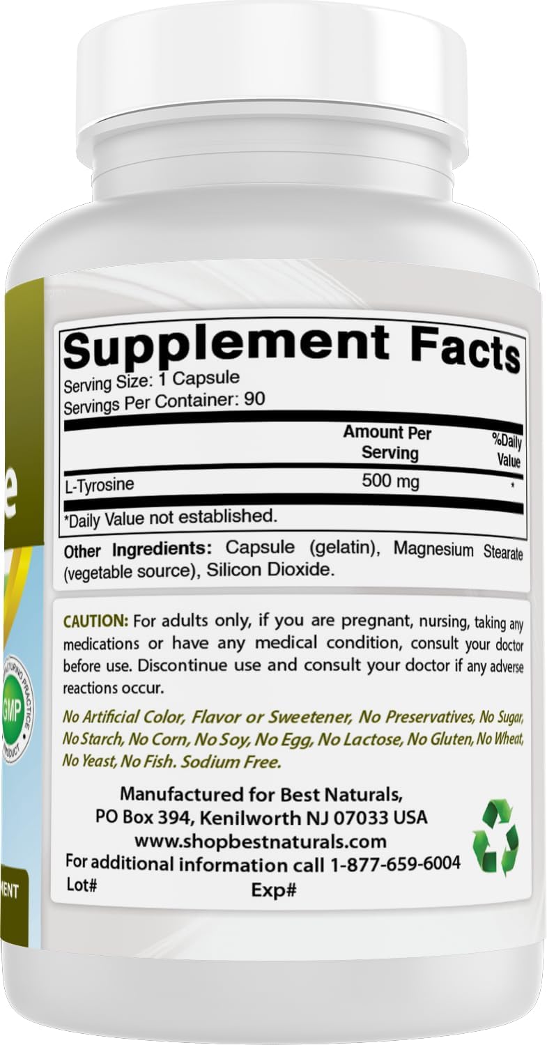 Best Naturals L-Tirosina 500 mg, 180 Cápsulas (2 Envases de 90)