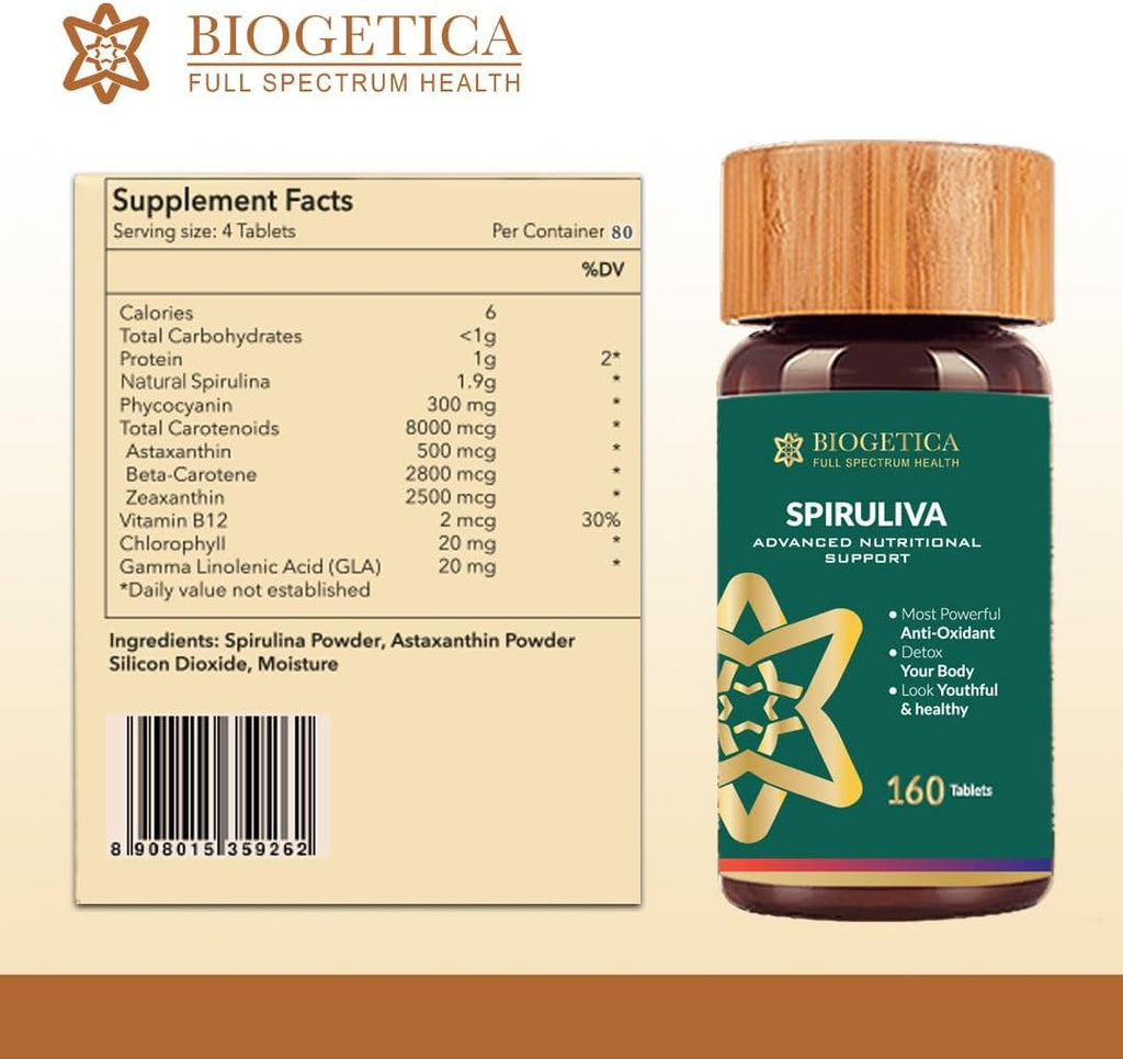Spiruliva Spirulina Orgánica con Astaxantina - 160 Comprimidos