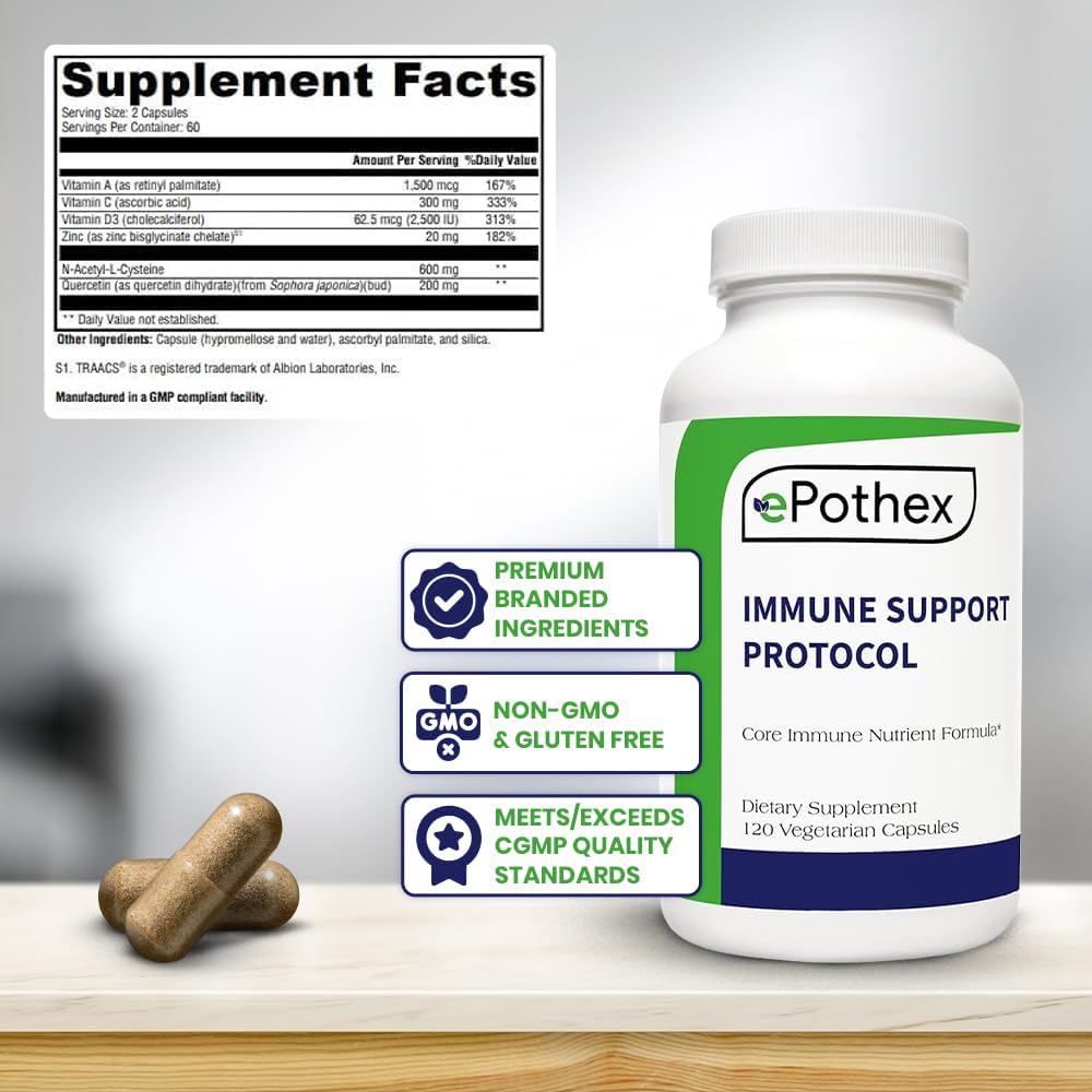 EPOTHEX Protocolo de Apoyo Inmunológico - Complejo con Vitamina C, NAC, Zinc, Vitamina D3, Quercetina - 120 Cápsulas (2 Meses)