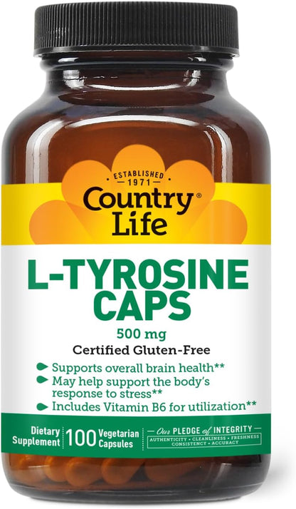 Country Life L-Tirosina 500mg con Vitamina – Contribuye al metabolismo energético normal. – Image 1