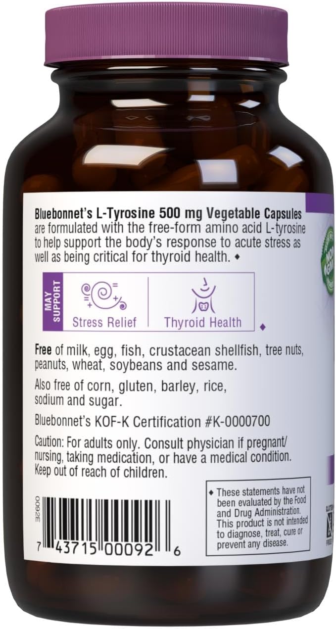 Bluebonnet L-Tirosina 500 mg, 100 Cápsulas Vegetales