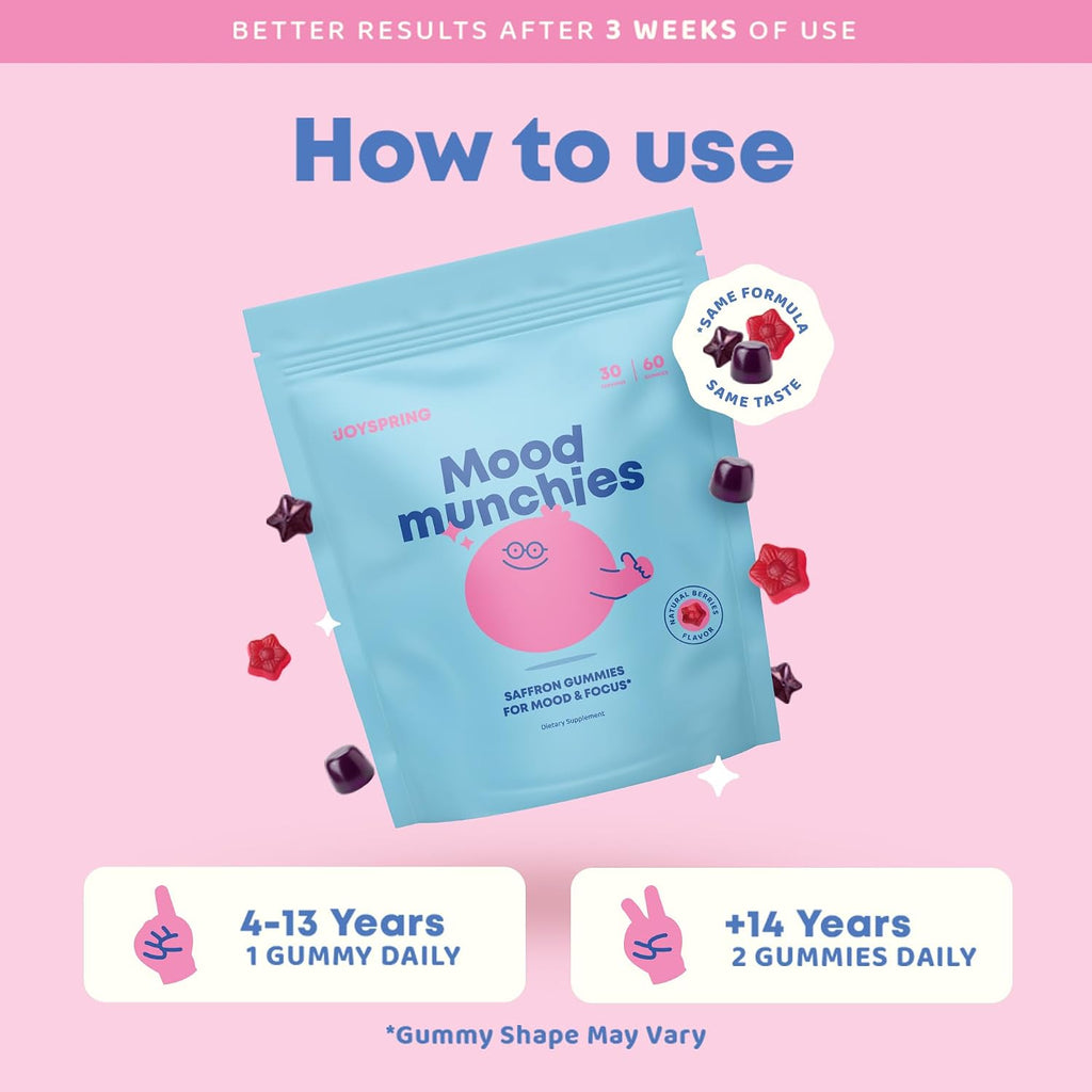 JoySpring Mood Munchies Gominolas de Azafrán para Niños 4+ - Extracto de Azafrán con GABA, Pasiflora y Hierba de San Juan - Vegano, Sin Azúcar