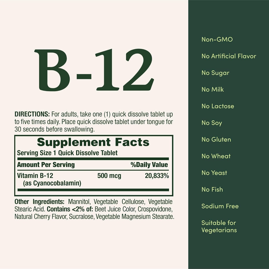 Nature's Bounty Vitamina B-12 500 mcg, 100 Comprimidos (Paquete de 4)