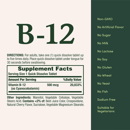 Nature's Bounty Vitamina B-12 500 mcg, 100 – Reducción del cansancio: Contribuye a la reducción del cansancio y la – Image 2