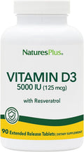 NaturesPlus Vitamina D3 5000 UI + Trans-Resveratrol - Liberación Prolongada - 90 Comprimidos Veganos