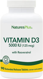 NaturesPlus Vitamina D3 5000 UI + Trans-Resveratrol - Liberación Prolongada - 90 Comprimidos Veganos