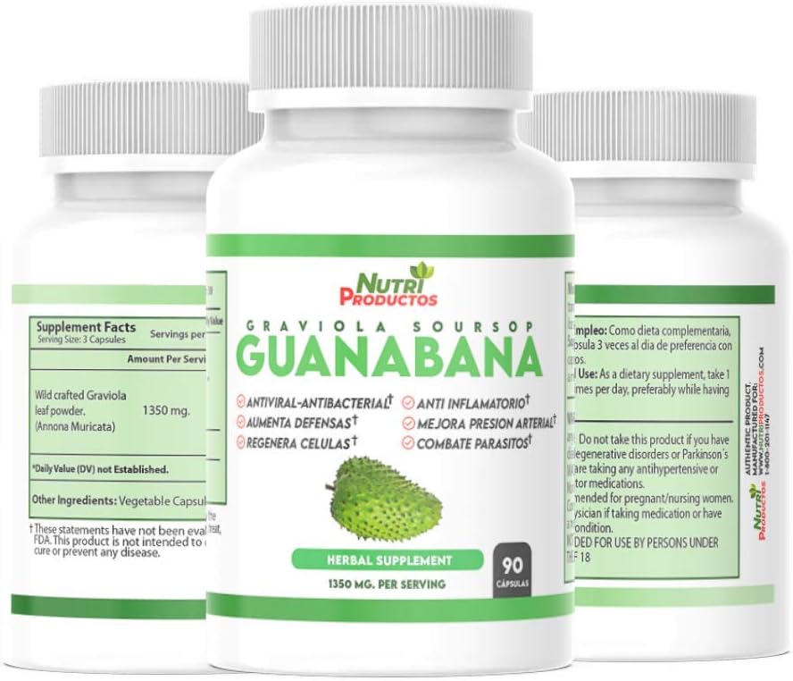 Nutrisalud Products Cápsulas de Guanábana Extra Potente 1350mg por ración. Set de 2 frascos con 90 cápsulas cada uno.