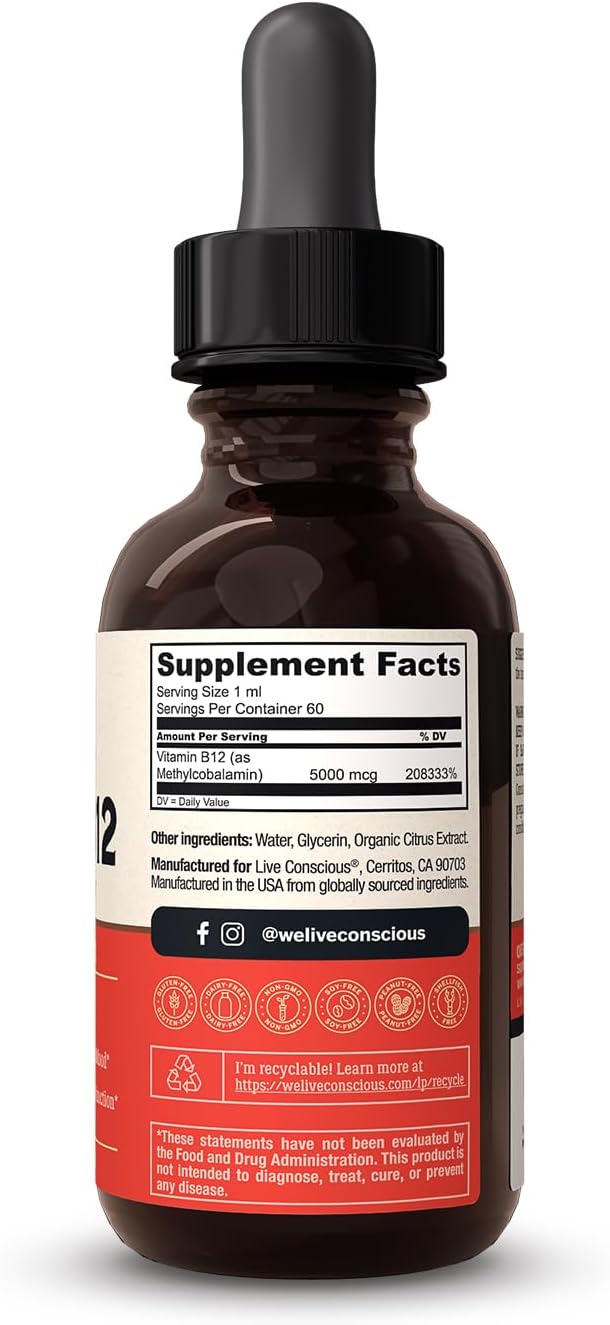 Live Conscious Vitamina B12 Sublingual 5000mcg - Gotas de Metilcobalamina Veganas (2 Envases)