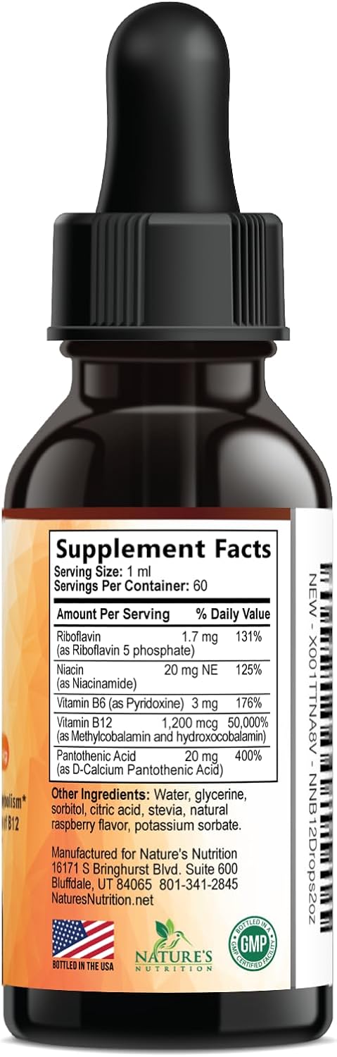 Vitamina B12 en Gotas - Metilcobalamina 1200 mcg - Complejo B Super B - Sabor Frambuesa - 60 ml