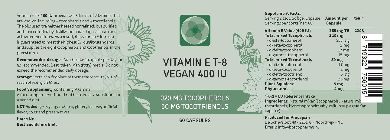 Procapsin T-8 Vitamina E 400 UI Cápsulas con los 8 Formas de Vitamina E (Tocoferoles y Tocotrienoles) | 60 Cápsulas Veganas