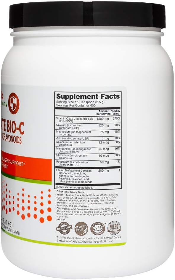 NutriBiotic Ascorbato Bio-C, 2.2 lb | Vitamina C en Polvo Efervescente con Bioflavonoides de Limón y Minerales