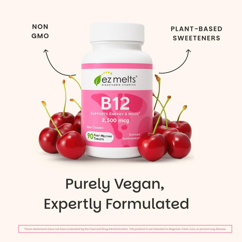 EZ Melts B12 Metilcobalamina 2500 mcg - 90 Tabletas Sublinguales Sabor Cereza