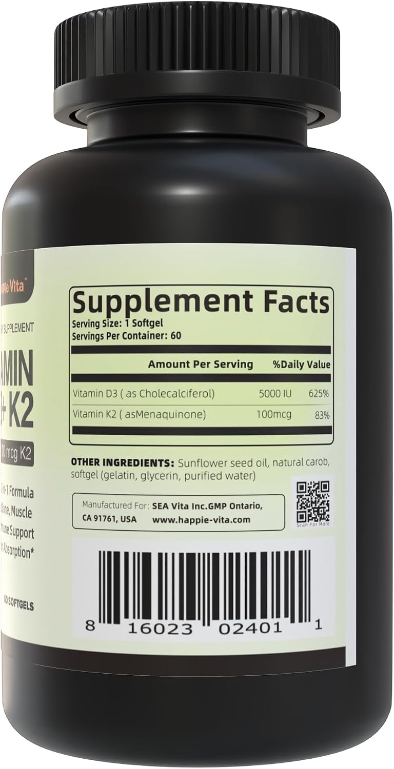 HappieVita Vitamina D3 K2, 5000 UI (125 mcg) + Vitamina K2 100 mcg, 2 en 1, 60 Cápsulas Blandas
