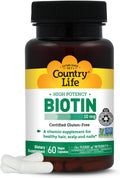 Country Life Biotina 10000 mcg (10 mg) - 60 Comprimidos - Suplemento para Cabello, Piel y Uñas