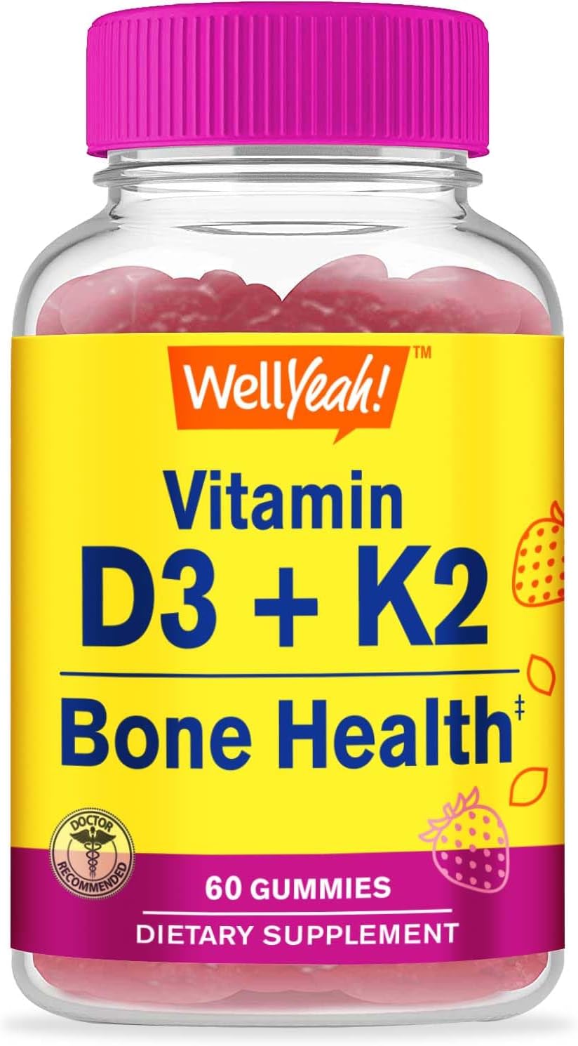 WellYeah Vitamina D3 + K2 Gominolas - 1000 UI D3, 100 mcg K2 - Salud Ósea y Muscular - Sabor Fresa Natural - 60 Gominolas
