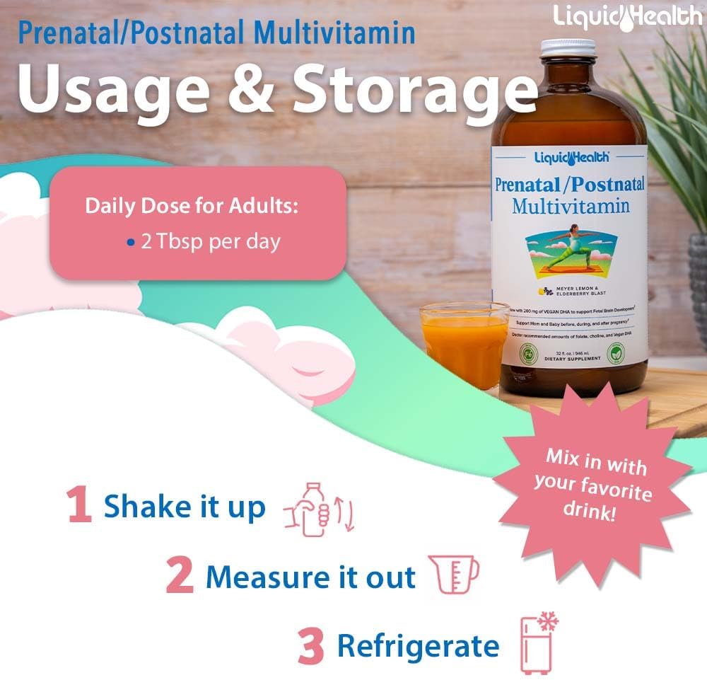 LIQUIDHEALTH Prenatal/Postnatal Multivitamínico Líquido con Folato Real - 2 Paquetes