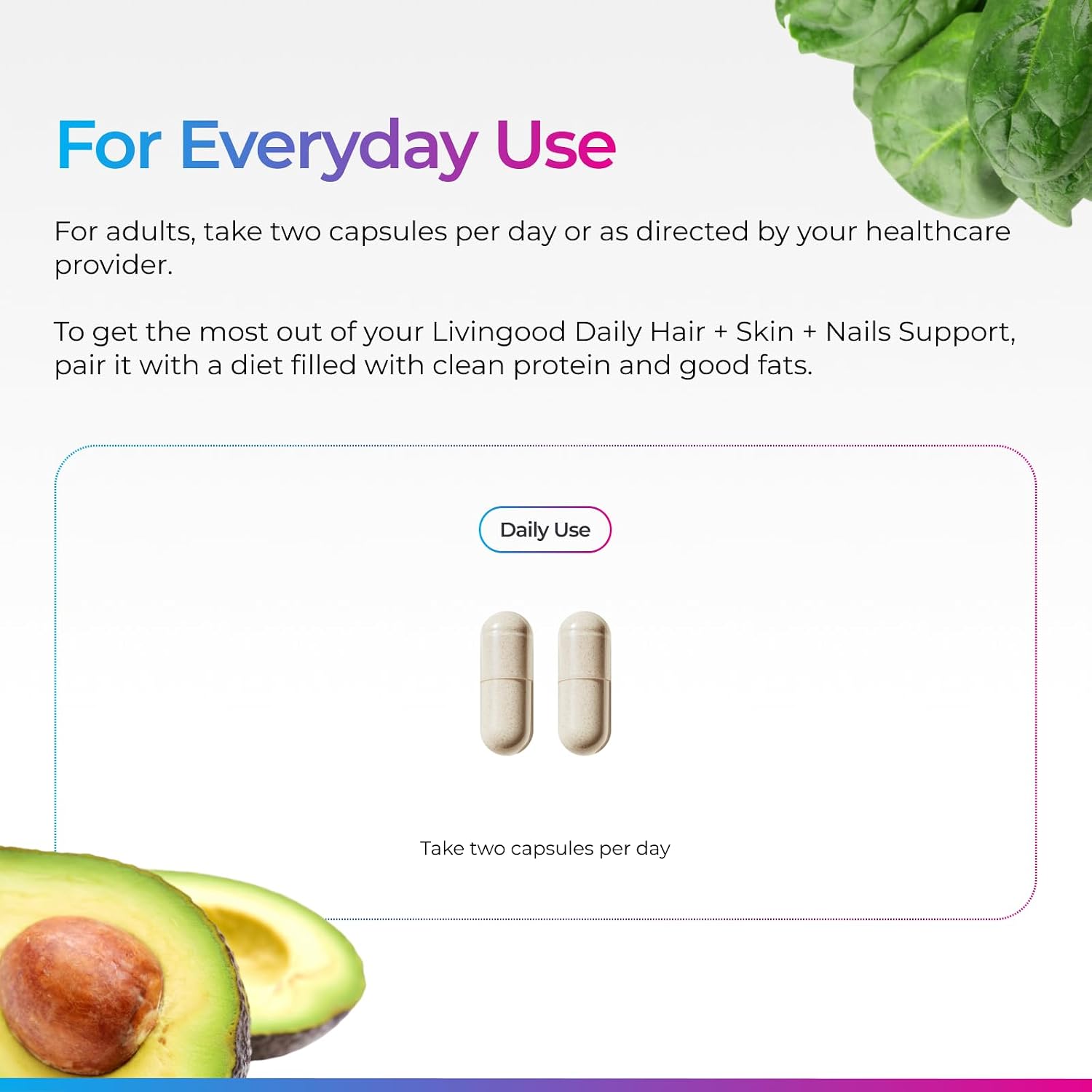 Livingood Daily Hair, Skin & Nails - Suplemento 14 en 1 para Cabello, Piel y Uñas, con Biotina, Colágeno y Queratina, 60 Cápsulas