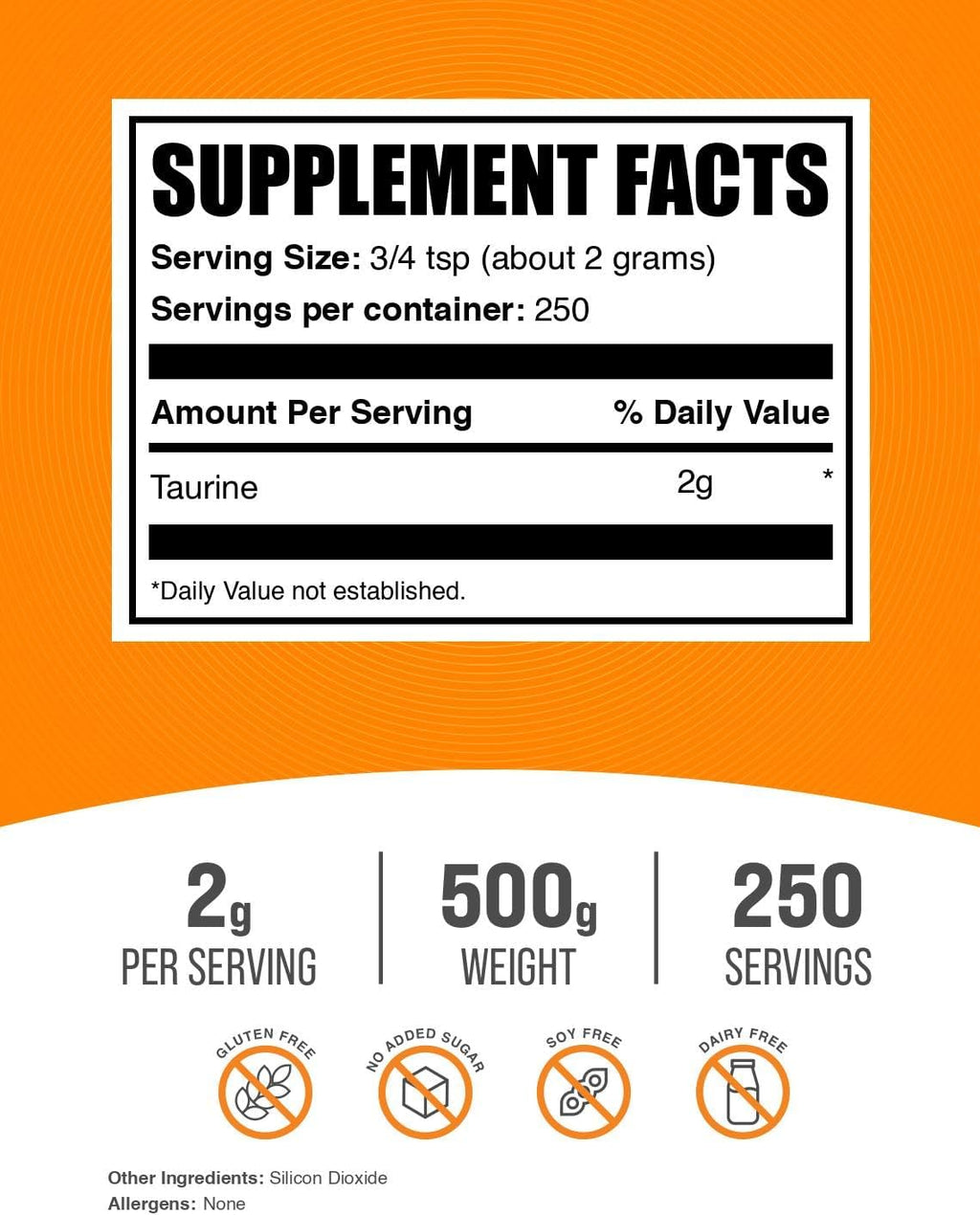 Taurine Powder 500g - Unflavored and Gluten-Free Amino Acid Supplement