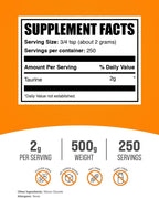 Taurine Powder 500g - Unflavored and Gluten-Free Amino Acid Supplement