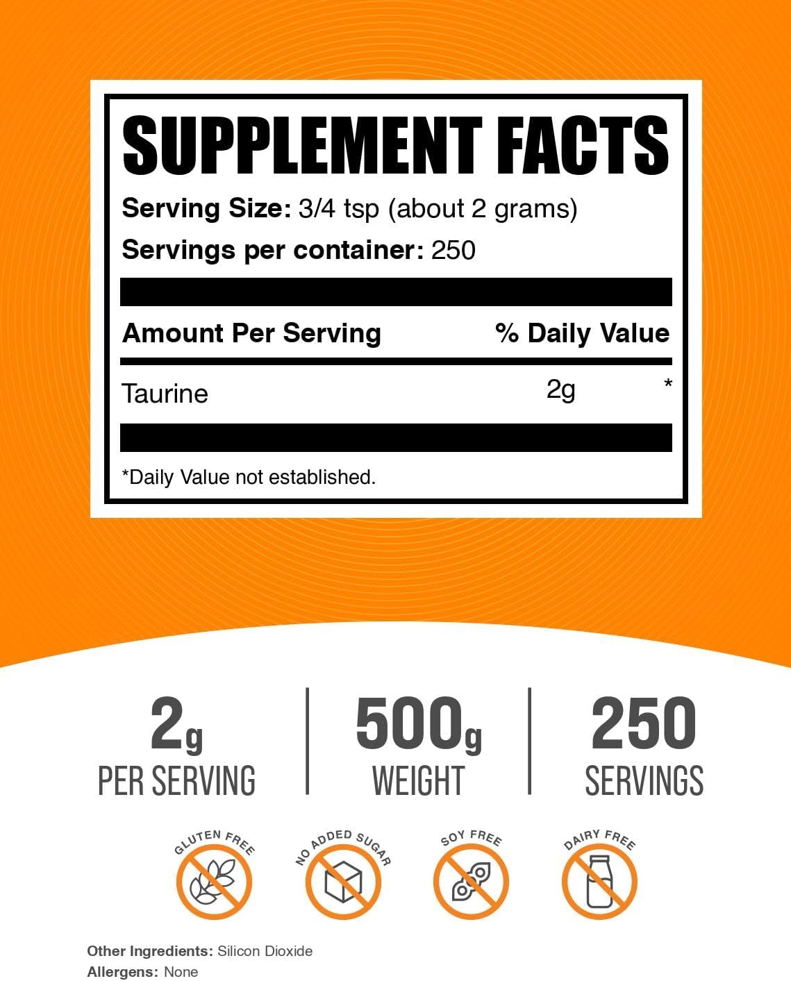 Taurine Powder 500g - Unflavored and Gluten-Free Amino Acid Supplement