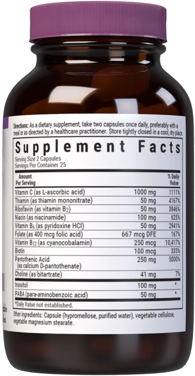 BlueBonnet Stress Vitamin B Complex - Complejo de Vitaminas B con Vitamina C - 50 Cápsulas Vegetales