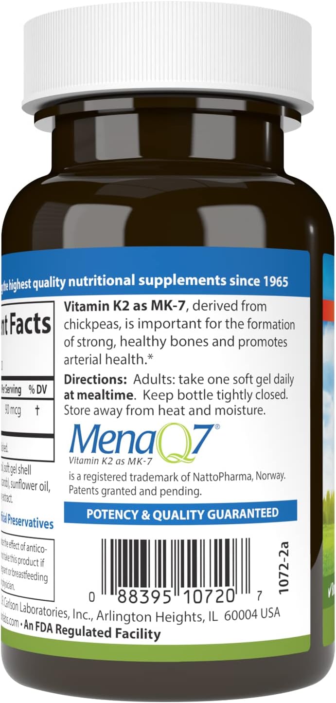 Carlson - Vitamina K2 MK-7 (Menaquinona) 90 mcg, Apoyo Óseo, Biodisponibilidad de Calcio, 120 Softgels