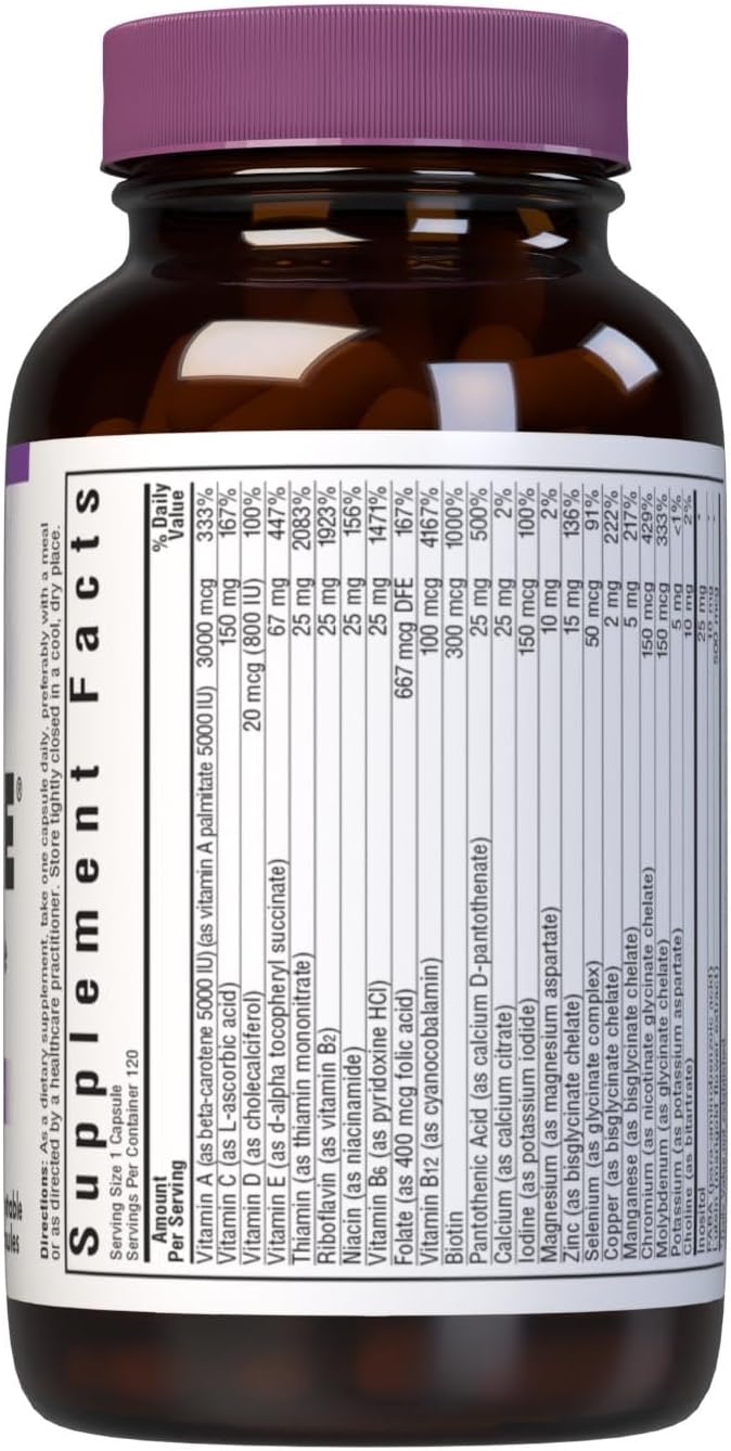 Bluebonnet Multi One (Sin Hierro) - Complejo Multivitamínico, 120 Cápsulas Vegetales