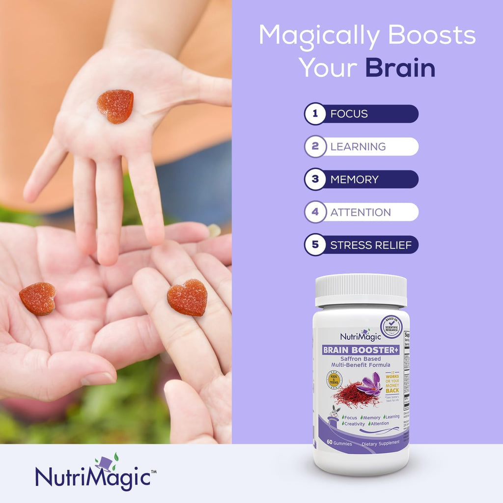 NutriMagic Kids Brain Booster+ Gominolas de Extracto Puro de Azafrán con Multivitaminas D3, B6, B12 y Zinc - 30 unidades