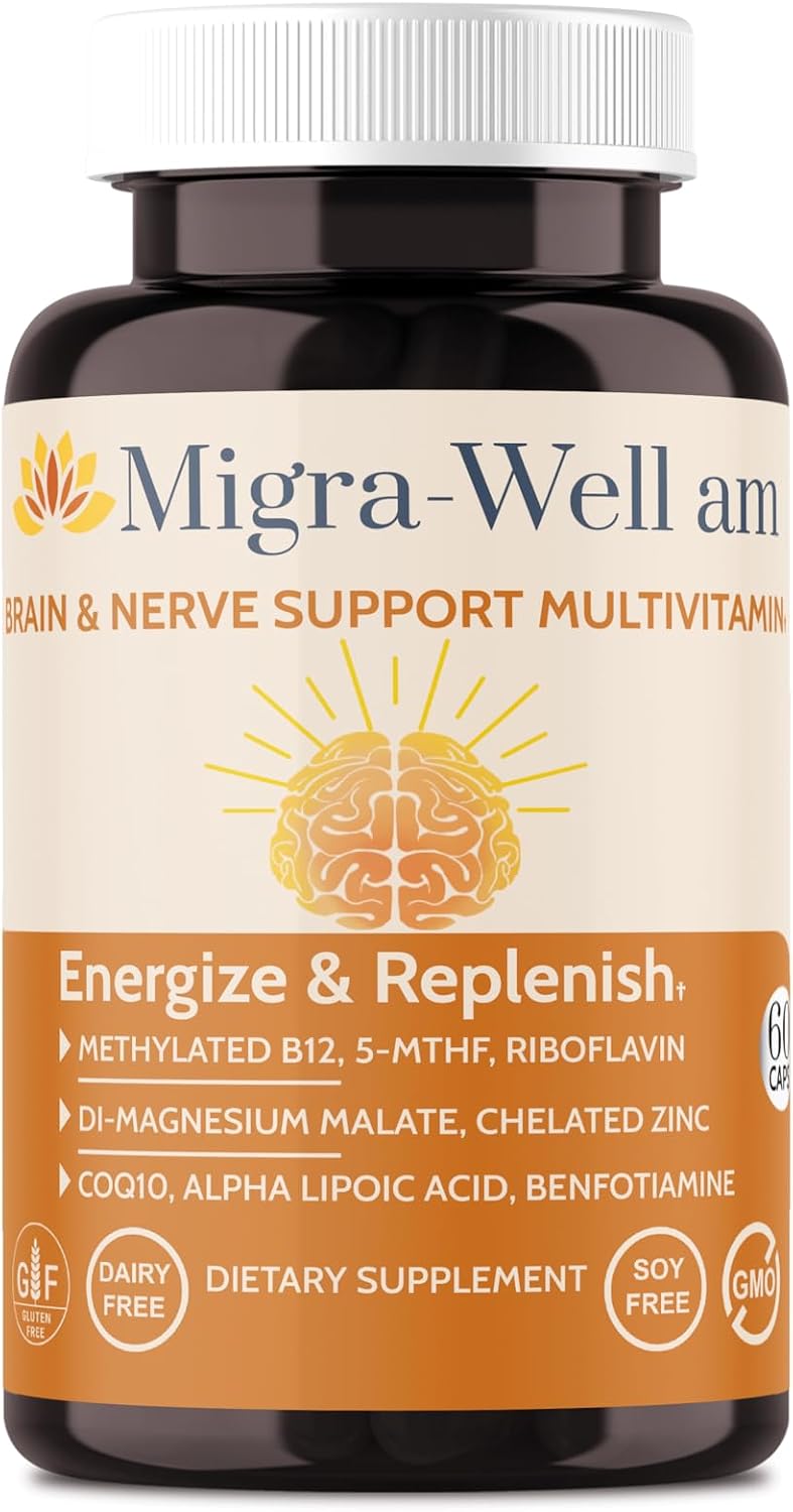 Wellkasa Migra-Well AM: Multivitamínico diario metilado energizante con minerales biodisponibles y antioxidantes para la salud cerebral y nerviosa de mujeres y hombres - Sin hierro (60 cápsulas)