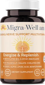 Wellkasa Migra-Well AM: Multivitamínico Metilado Diario con Minerales Biodisponibles y Antioxidantes para la Salud Cerebral y Nerviosa - Sin Hierro (60 Cápsulas)
