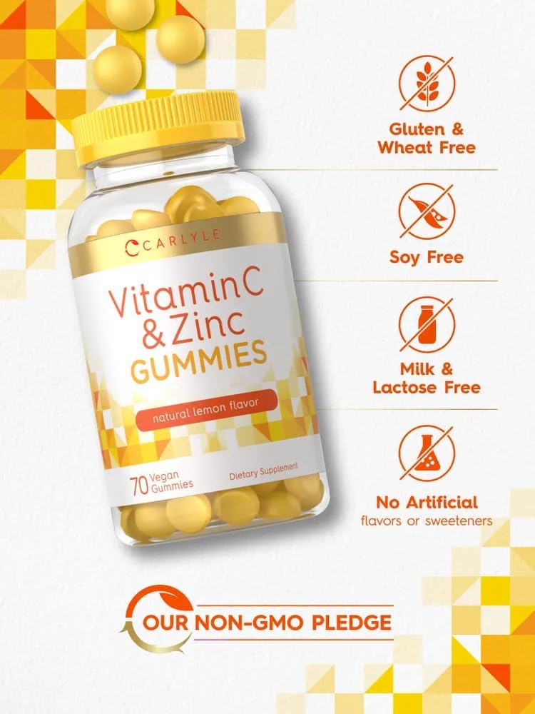 Carlyle Gomitas de Vitamina C y Zinc, 70 unidades, Sabor Limón, Suplemento Vegano, Sin OGM y Sin Gluten